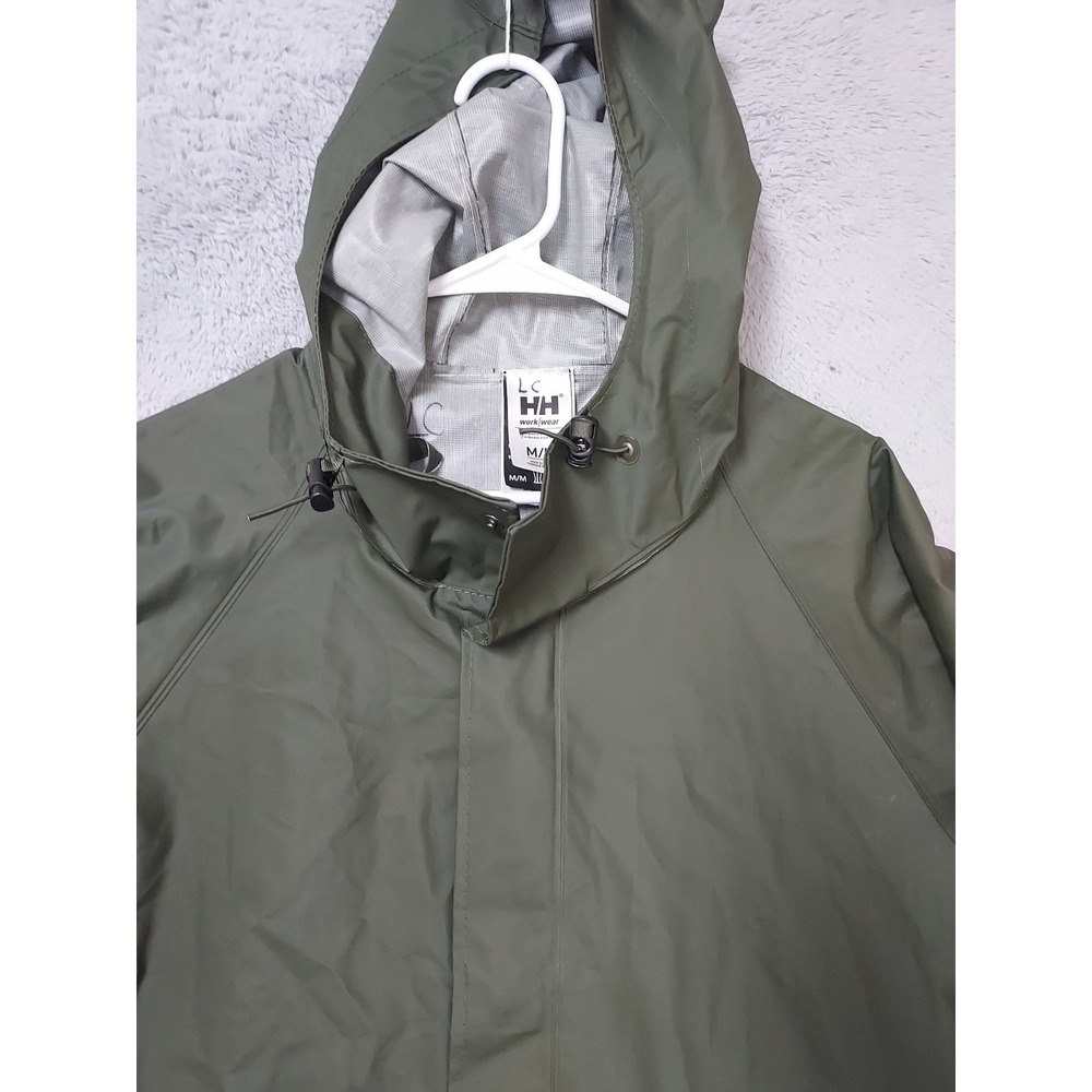 Helly Hansen Jacket Mens Medium Work Wear Rain Hooded Waterproof PVC Green Coat - Picture 8 of 13